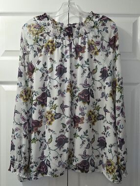 Ann Taylor Factory Smocked Neck White Floral Lined Blouse, Size XL